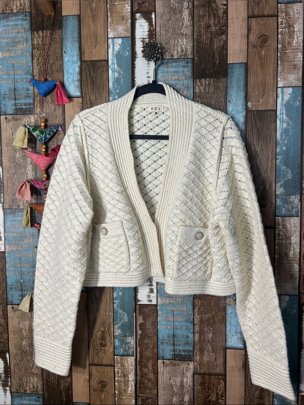 POL cream textured open-front cropped cardigan